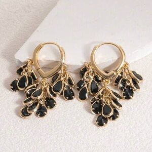 Gold Hoop Earrings with Black Teardrop Charms